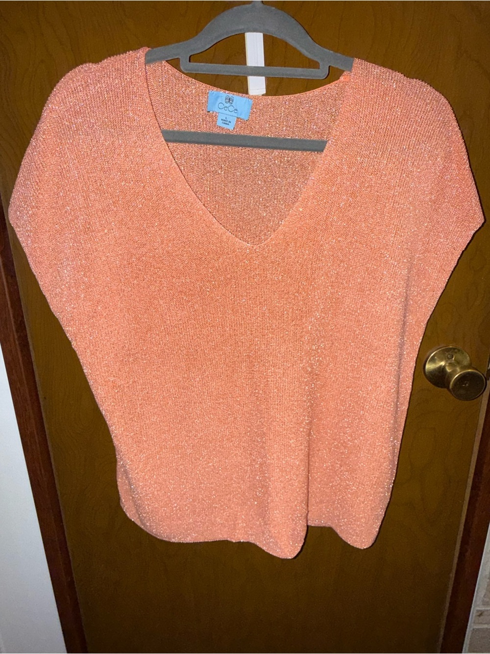 CeCe V-Neck Short Sleeve Knit Top in Coral - Picture 2 of 4